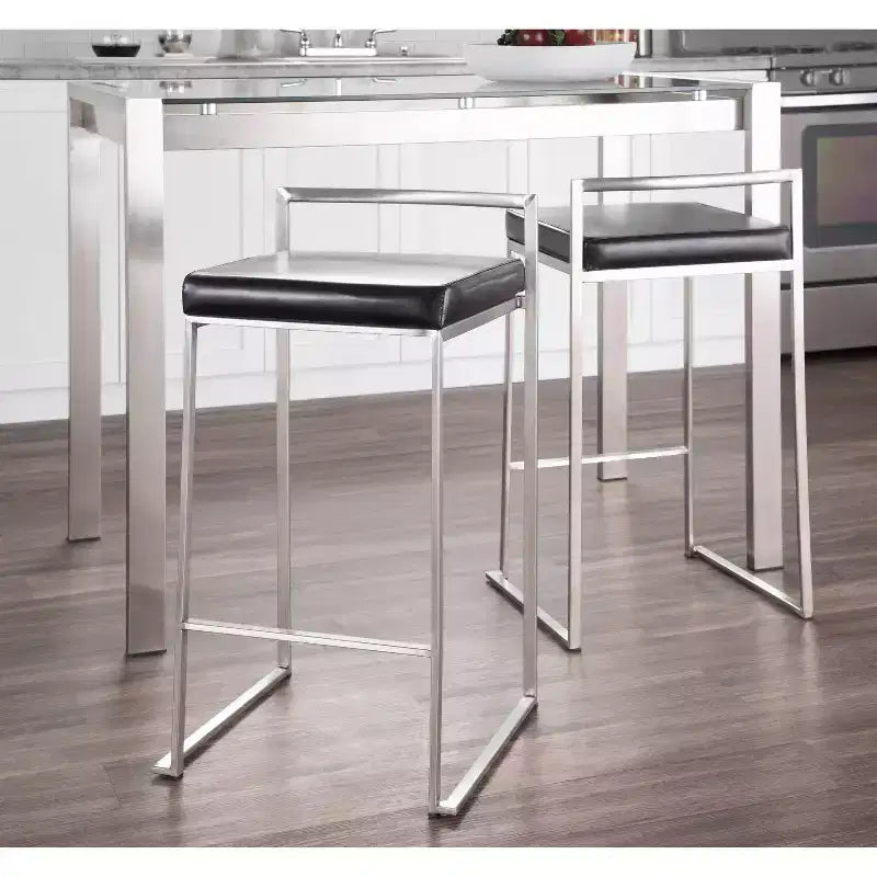 LumiSource Ensemble de 3 tabourets de bar à hauteur de comptoir Fuji en acier inoxydable/PU noir