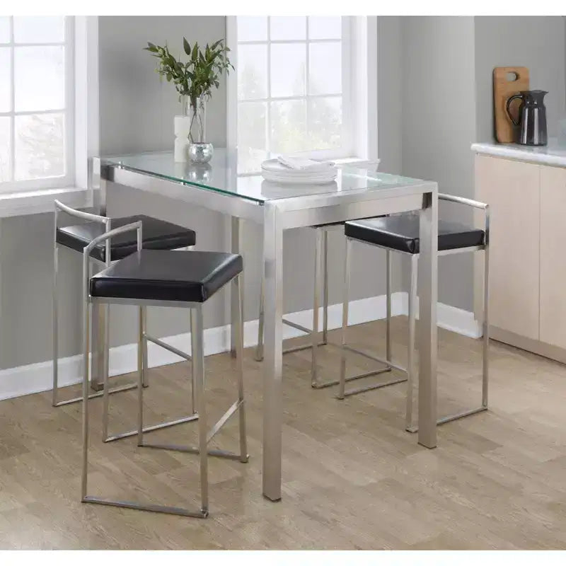 LumiSource Ensemble de 3 tabourets de bar à hauteur de comptoir Fuji en acier inoxydable/PU noir