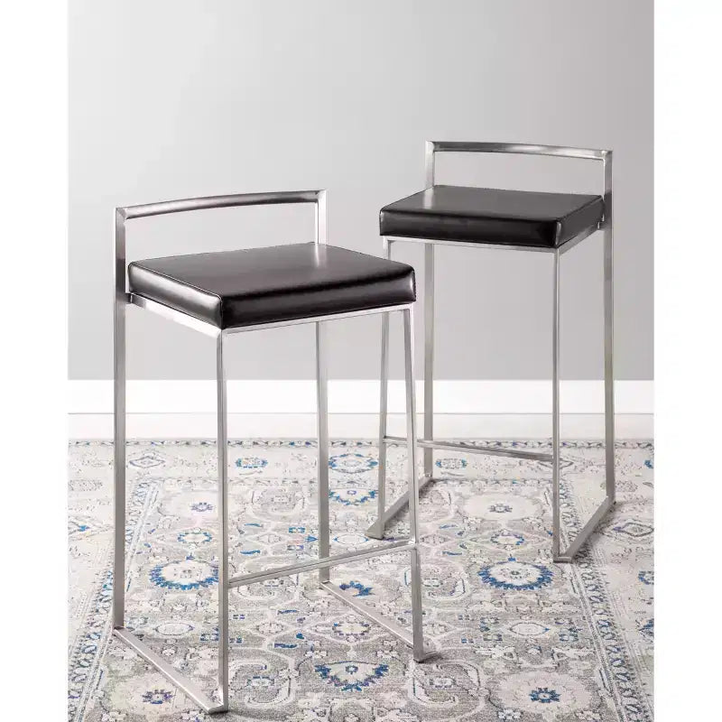 LumiSource Ensemble de 3 tabourets de bar à hauteur de comptoir Fuji en acier inoxydable/PU noir