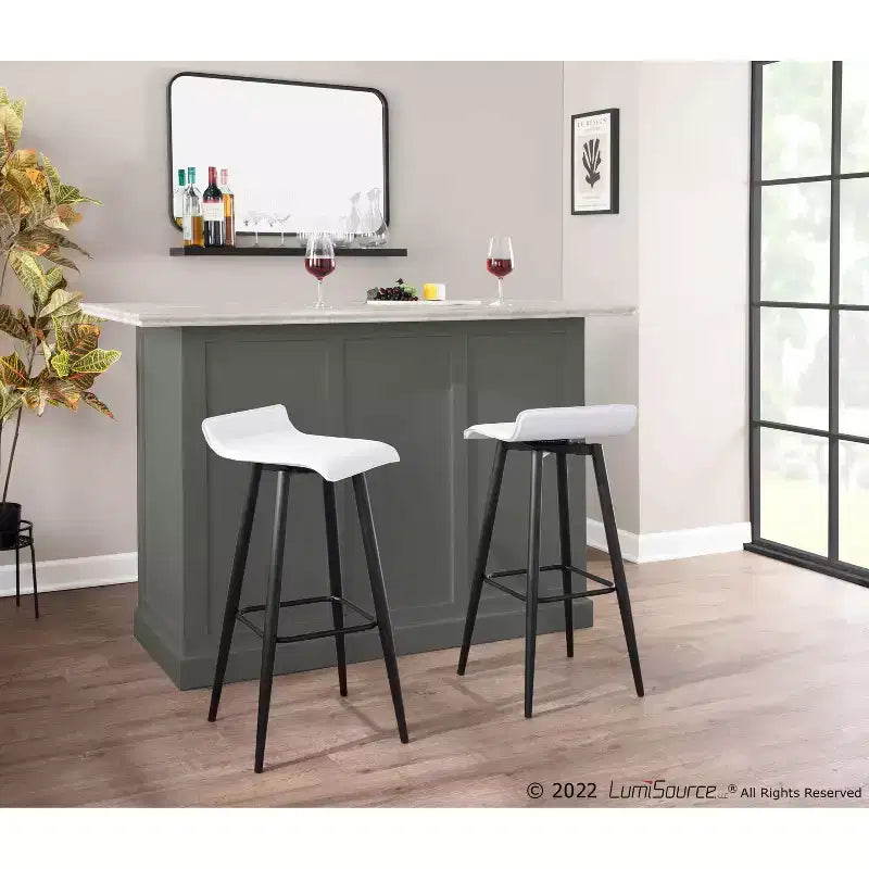 Lot de 2 tabourets de bar Ale en similicuir/acier noir/blanc – LumiSource : Rectangle rembourré, hauteur fixe, capacité 113 kg