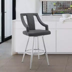 Tabouret de bar 26 po Maxen, hauteur comptoir, en similicuir gris et acier inoxydable brossé - Armen Living : Pivotant, repose-pieds, design moderne