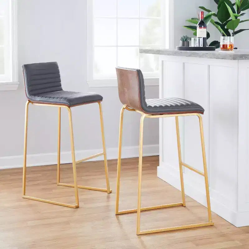 Tabourets de bar à hauteur fixe LumiSource 30" Mason Mara en métal doré et bois de noyer avec cuir PU gris