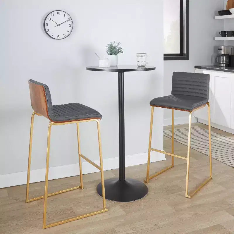 Tabourets de bar à hauteur fixe LumiSource 30" Mason Mara en métal doré et bois de noyer avec cuir PU gris