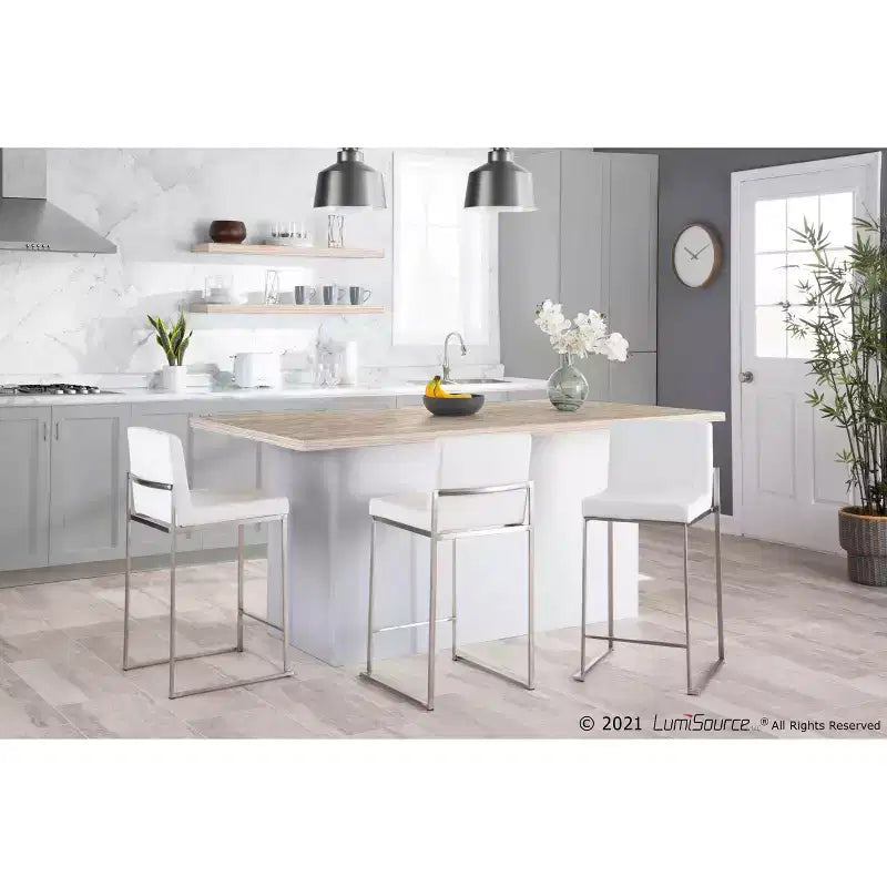 Lot de 2 tabourets de bar à hauteur de comptoir Fuji High Back en acier inoxydable/velours blanc - LumiSource