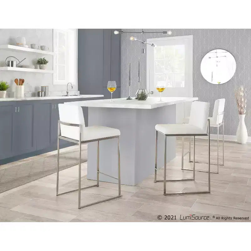 Lot de 2 tabourets de bar à hauteur de comptoir Fuji High Back en acier inoxydable/velours blanc - LumiSource