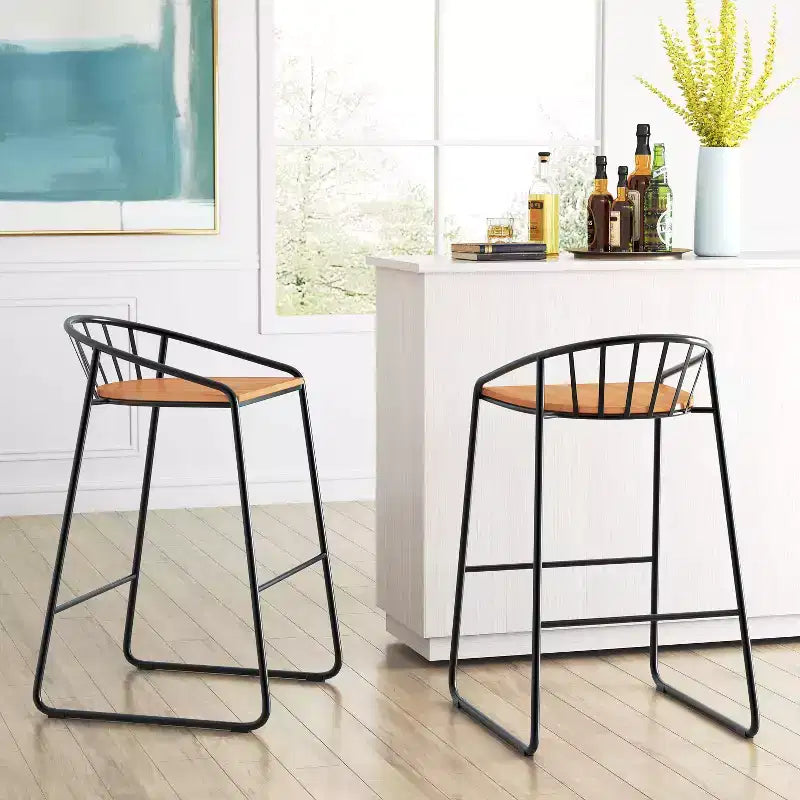 ClickDecor Ensemble de 2 tabourets de bar Bedford Noirs : Hauteur fixe de 76 cm, Cadre métallique, Repose-pieds, Patins de protection du sol