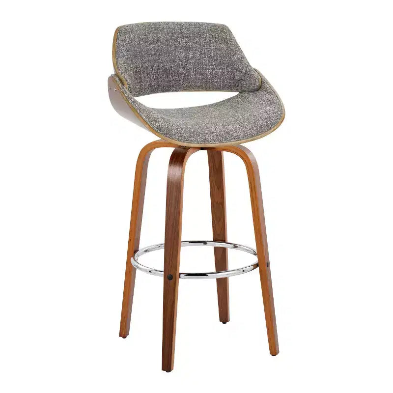 LumiSource Lot de 2 tabourets de bar Fabrizzi Noyer/Chrome/Gris : Design moderne du milieu du siècle, hauteur fixe de 73,6 cm, pivotant, repose-pieds
