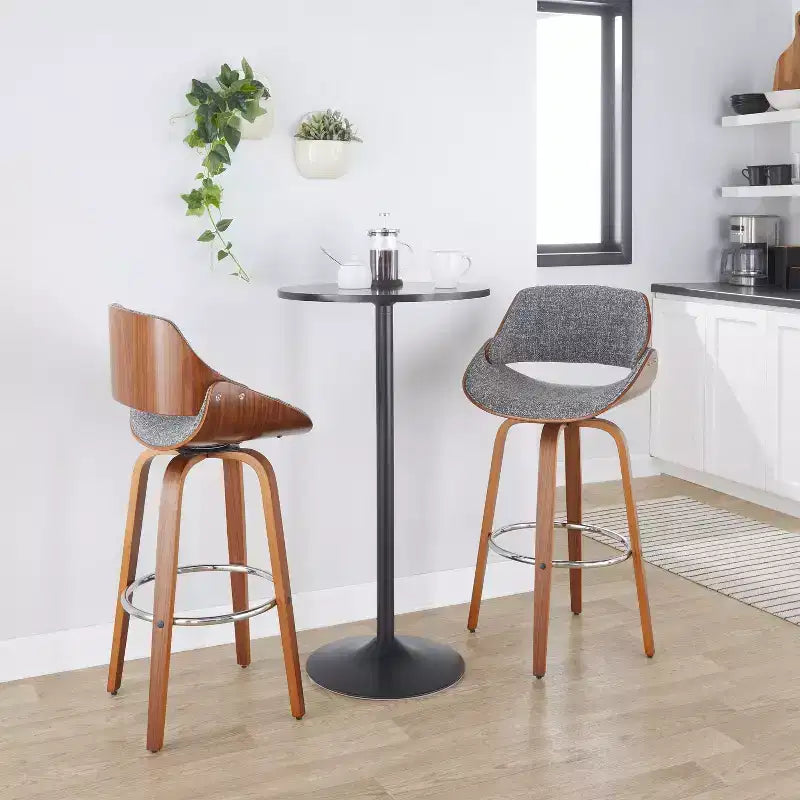 LumiSource Lot de 2 tabourets de bar Fabrizzi Noyer/Chrome/Gris : Design moderne du milieu du siècle, hauteur fixe de 73,6 cm, pivotant, repose-pieds