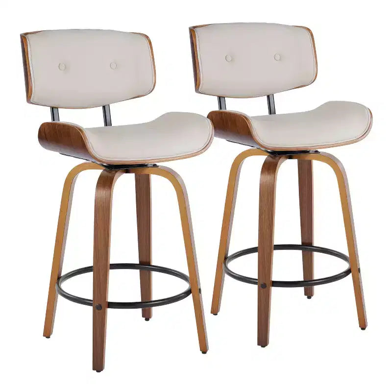 Set of 2 Lombardi Counter Height Barstools Walnut/Black/Cream PU - LumiSource: Mid-Century Modern Swivel Kitchen Chairs with Footrest
