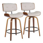 Set of 2 Lombardi Counter Height Barstools Walnut/Black/Cream PU - LumiSource: Mid-Century Modern Swivel Kitchen Chairs with Footrest