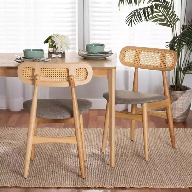Baxton Studio Chaises de salle à manger Tarana en tissu et bois, 2 pièces : Design Mid-Century, détails en rotin