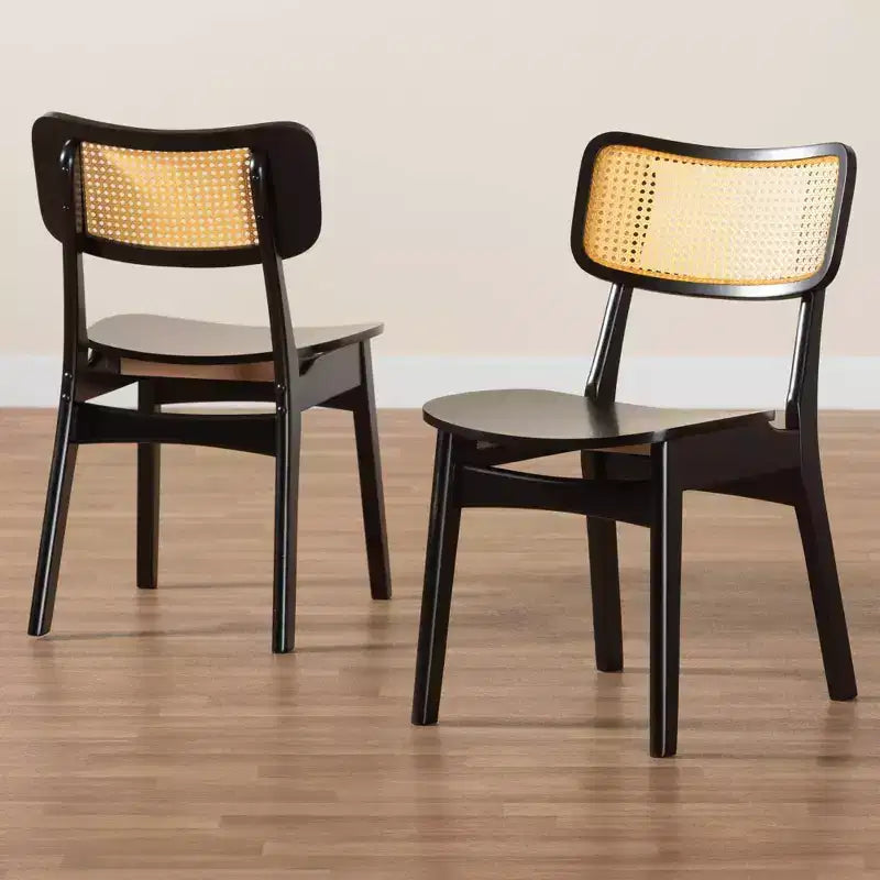 Baxton Studio Lot de 2 chaises de salle à manger Tafari en bois et rotin marron foncé/marron clair : Sans accoudoirs, cadre en bois d'hévéa, nettoyage ciblé