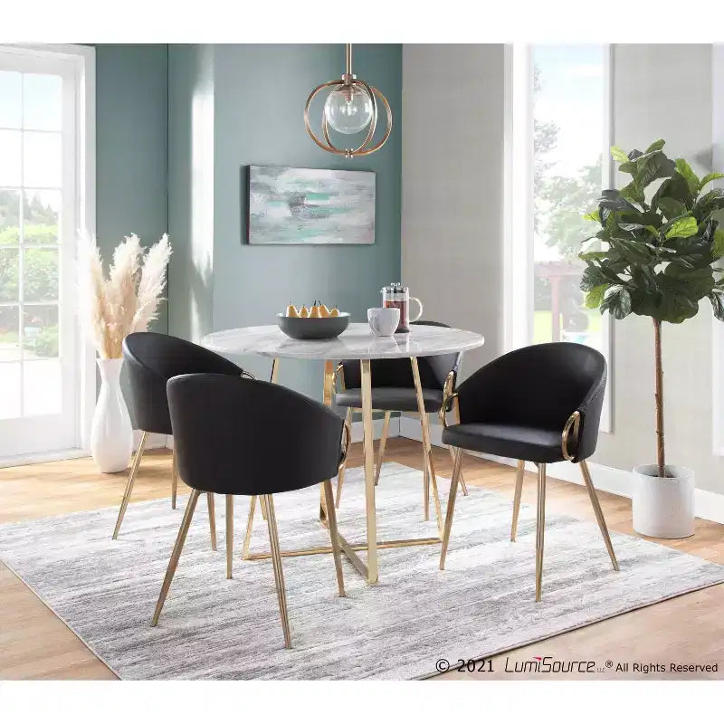 Lot de 2 chaises de salle à manger Claire Or/Similicuir Noir - LumiSource : Fauteuils de cuisine rembourrés, structure en acier, rembourrage en mousse