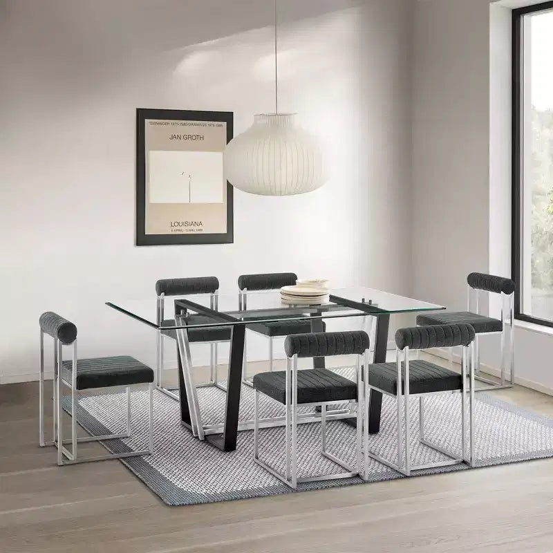 Armen Living Lot de 2 Chaises de Salle à Manger Anastasia en Acier Inoxydable Brossé et Tissu Anthracite