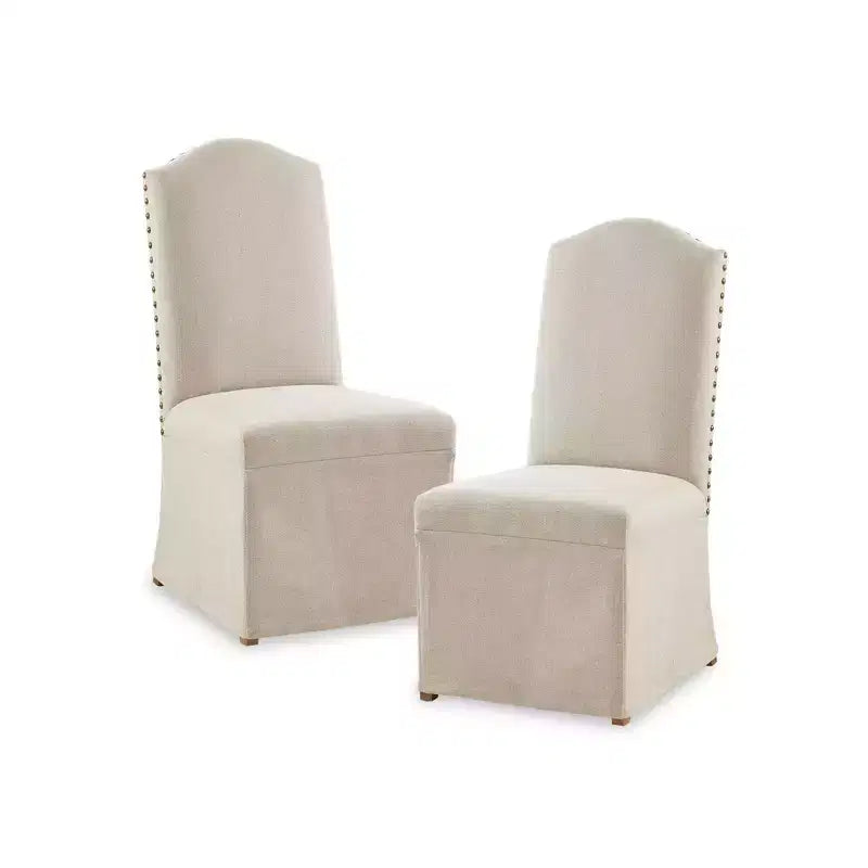Lot de 2 chaises de salle à manger hautes Cadman avec jupes beige : style Parsons rembourré, garniture en mousse, pieds en bois