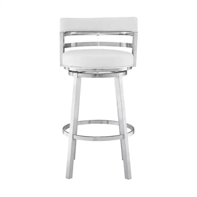 Tabouret de bar Armen Living Madrid en similicuir et acier inoxydable, hauteur comptoir, 66 cm, blanc : Ergonomique, pivotant à 360°, mousse haute densité