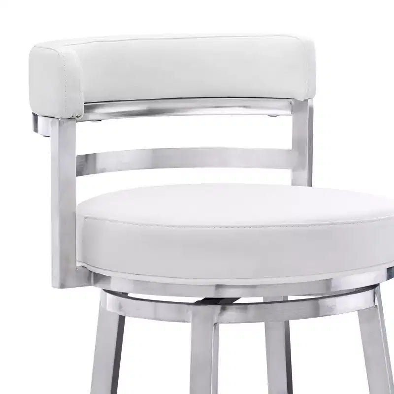 Tabouret de bar Armen Living Madrid en similicuir et acier inoxydable, hauteur comptoir, 66 cm, blanc : Ergonomique, pivotant à 360°, mousse haute densité