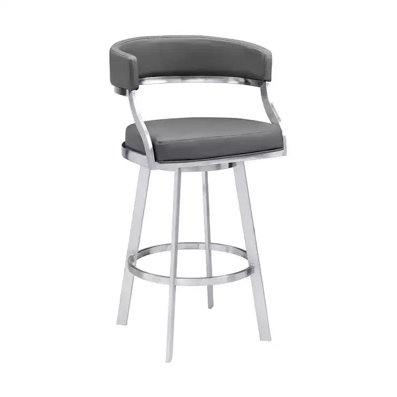 Armen Living 30" Saturn Faux Leather Stainless Steel Barstool Gray: Swivel, Low Back, Footrest, Fixed Height