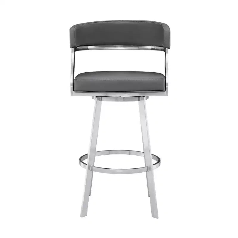 Tabouret de bar Saturn en similicuir gris et acier inoxydable 30" Armen Living : Pivotant, dossier bas, repose-pieds, hauteur fixe