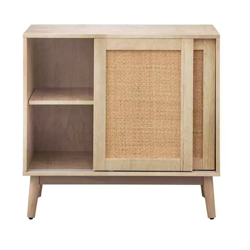 Buffet Buylateral Rosen en rotin à portes coulissantes Naturel : Bahut Mid-Century Moderne, Étagères réglables