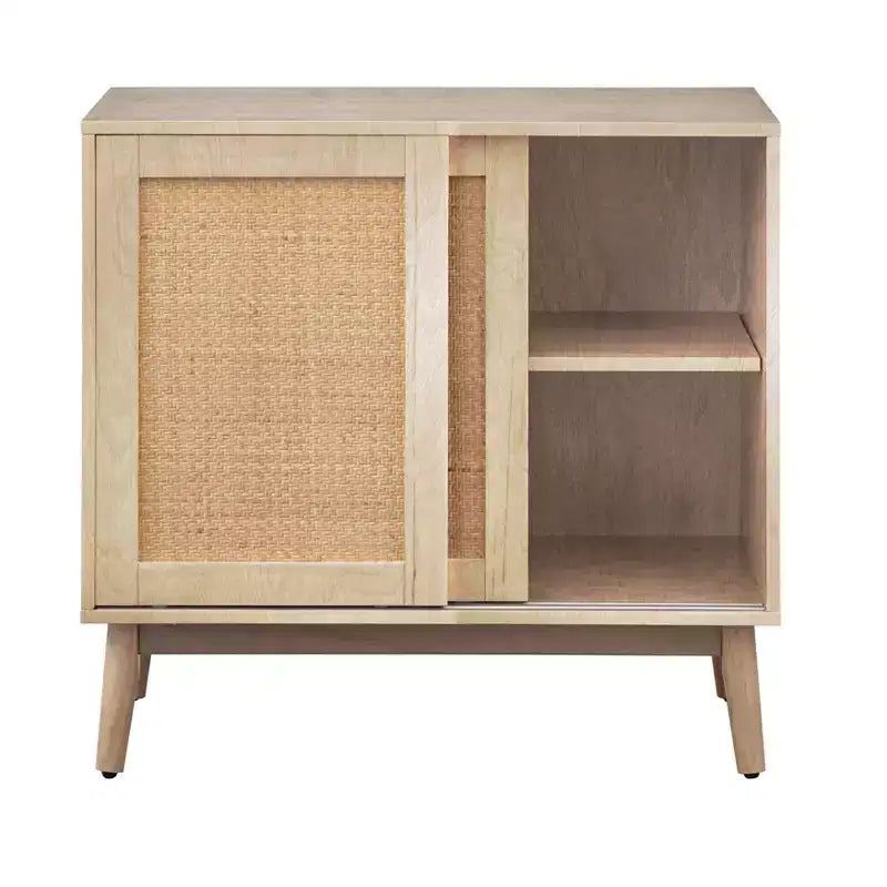 Buffet Buylateral Rosen en rotin à portes coulissantes Naturel : Bahut Mid-Century Moderne, Étagères réglables