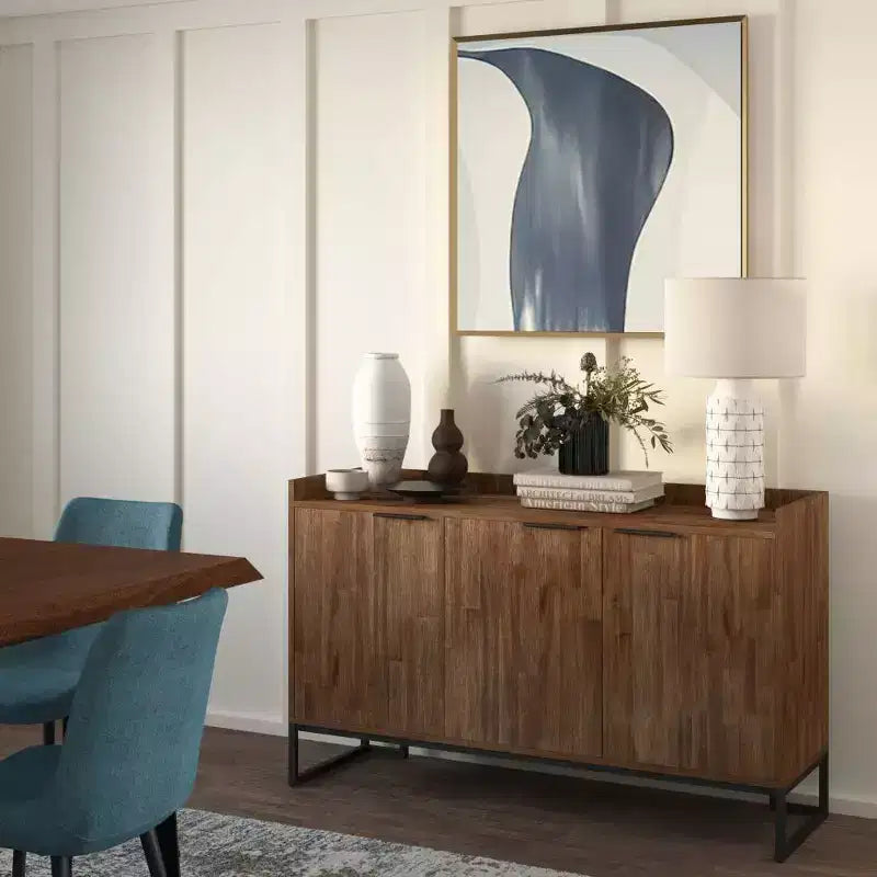 Buffet de salle à manger WyndenHall Bolton marron vieilli rustique naturel : Bois d'acacia, meuble de rangement 3 portes, design industriel