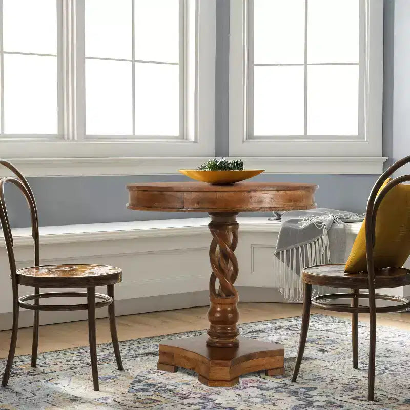 Table à manger ronde Urban Port 30", fabriquée à la main en bois de manguier, piédestal torsadé artisanal, finition noyer brun