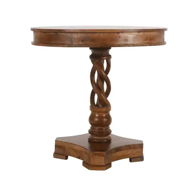 Table à manger ronde Urban Port 30", fabriquée à la main en bois de manguier, piédestal torsadé artisanal, finition noyer brun