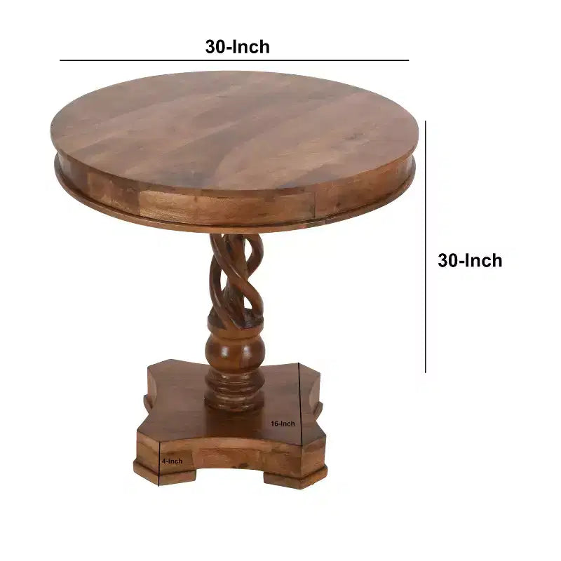 Table à manger ronde Urban Port 30", fabriquée à la main en bois de manguier, piédestal torsadé artisanal, finition noyer brun
