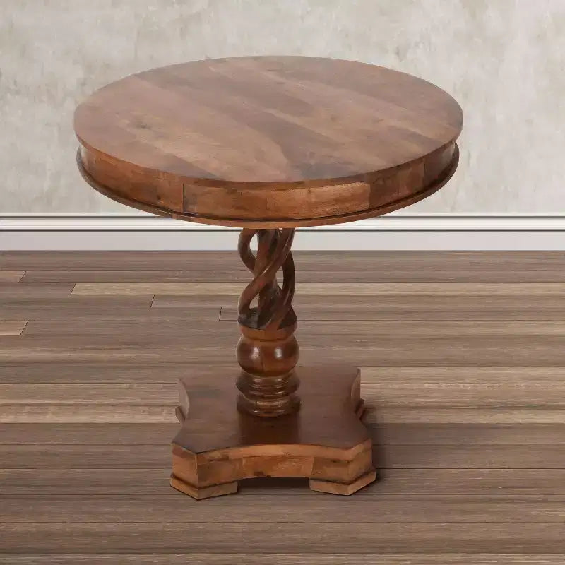 Table à manger ronde Urban Port 30", fabriquée à la main en bois de manguier, piédestal torsadé artisanal, finition noyer brun