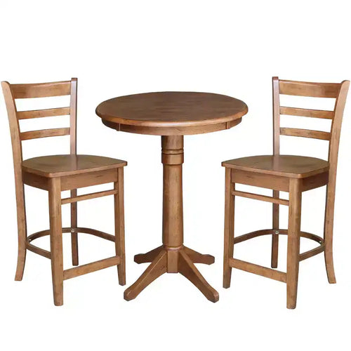 30" Effie Round Pedestal Counter Height Dining Set with 2 Emily Stools Distressed Oak - International Concepts: Solid Wood, 3-Piece