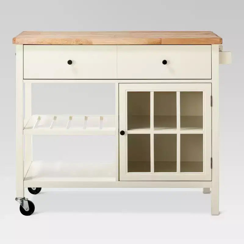 Windham Wood Top Kitchen Island Off White - Threshold™ (Assembly required): Pine & Rubberwood Frame, Storage Cart with Casters
