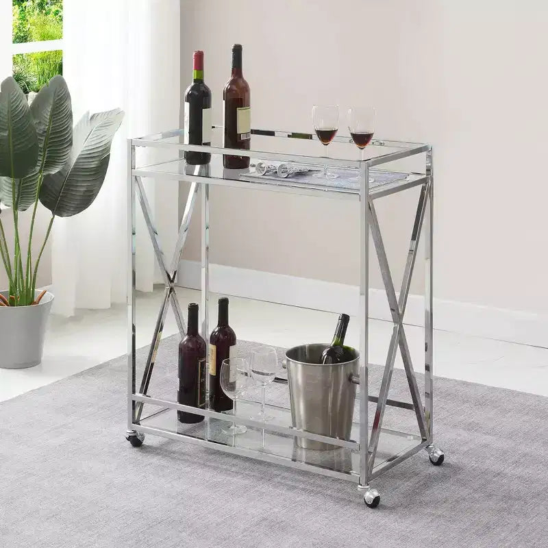 Desserte de bar Breighton Home Oxford en verre et chrome avec étagère Verre/Chrome : Style contemporain, sur roulettes, structure en métal