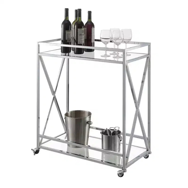 Desserte de bar Breighton Home Oxford en verre et chrome avec étagère Verre/Chrome : Style contemporain, sur roulettes, structure en métal