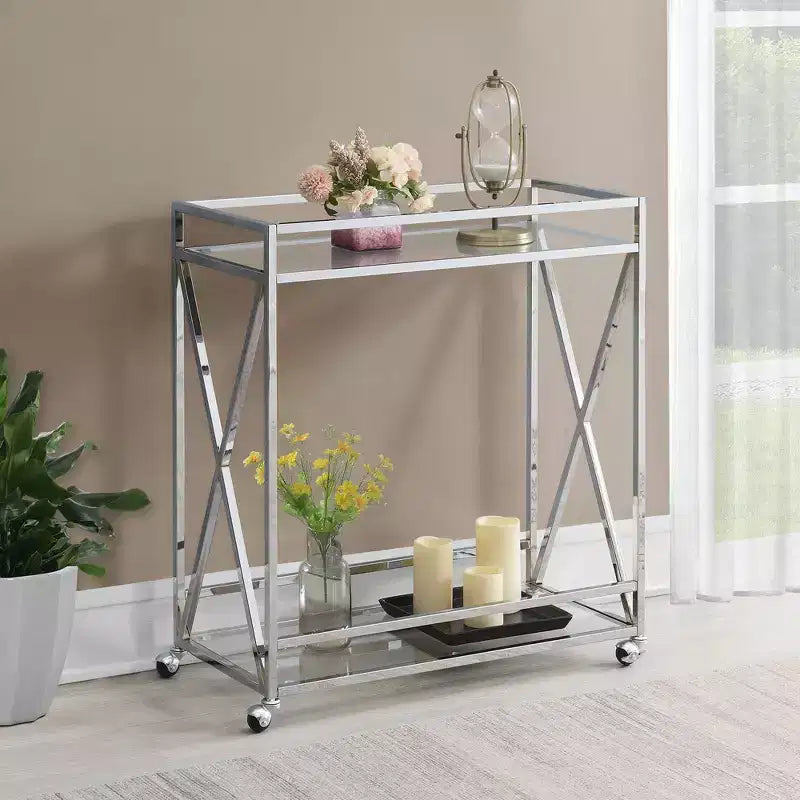 Desserte de bar Breighton Home Oxford en verre et chrome avec étagère Verre/Chrome : Style contemporain, sur roulettes, structure en métal