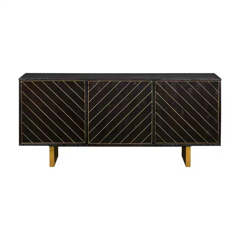 Armen Living Monaco Bahut rectangulaire Bois noir/Laiton vieilli : Buffet Mid-Century, 6 étagères, 3 portes