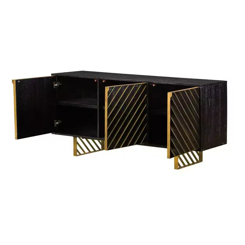 Armen Living Monaco Bahut rectangulaire Bois noir/Laiton vieilli : Buffet Mid-Century, 6 étagères, 3 portes