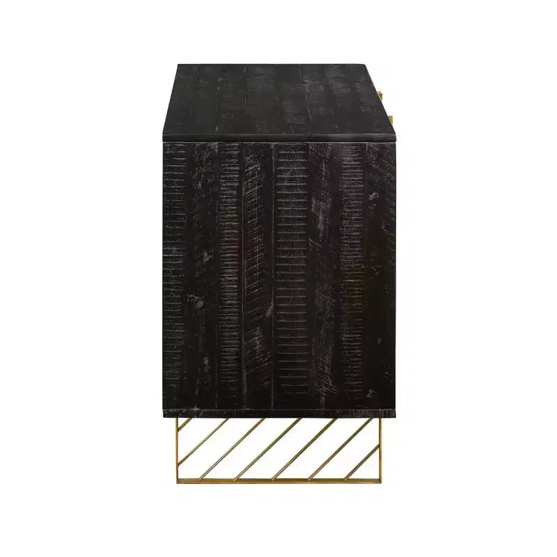 Armen Living Monaco Bahut rectangulaire Bois noir/Laiton vieilli : Buffet Mid-Century, 6 étagères, 3 portes