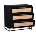 Powell Gordon Commode en bois massif et cannage naturel, pieds en métal noir, 3 tiroirs, noire : style maison de campagne moderne, plateau en manguier