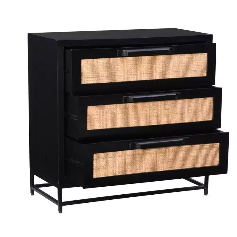 Powell Gordon Commode en bois massif et cannage naturel, pieds en métal noir, 3 tiroirs, noire : style maison de campagne moderne, plateau en manguier