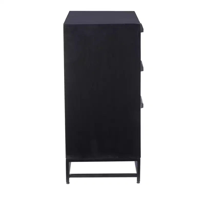 Powell Gordon Commode en bois massif et cannage naturel, pieds en métal noir, 3 tiroirs, noire : style maison de campagne moderne, plateau en manguier