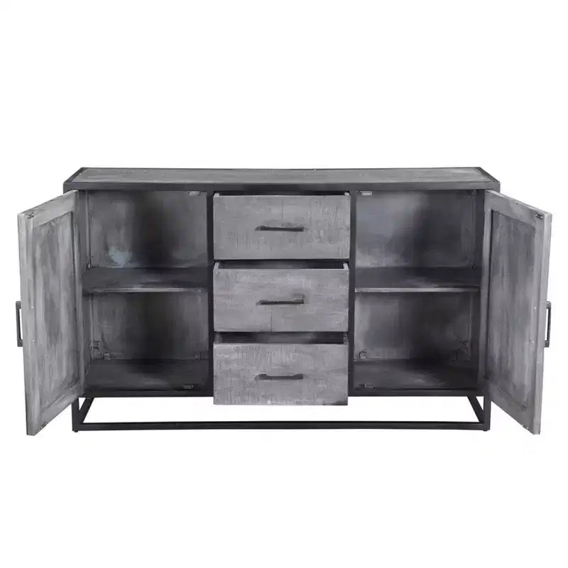 Buffet Raven en bois de manguier gris - Timbergirl : Bahut de salle à manger, cadre en métal, 3 tiroirs, 2 portes
