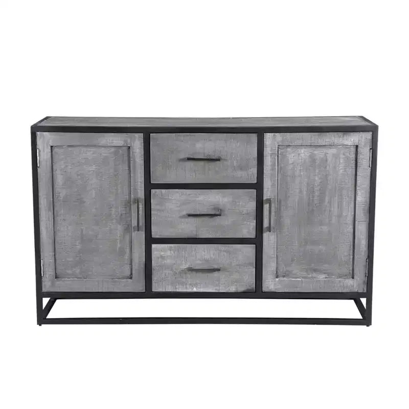 Buffet Raven en bois de manguier gris - Timbergirl : Bahut de salle à manger, cadre en métal, 3 tiroirs, 2 portes