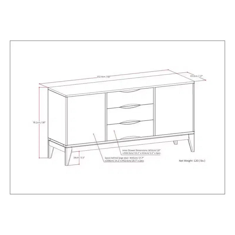 WyndenHall Pearson Buffet Noyer Brun: Meuble de rangement moderne du milieu du siècle, 3 tiroirs, 2 portes
