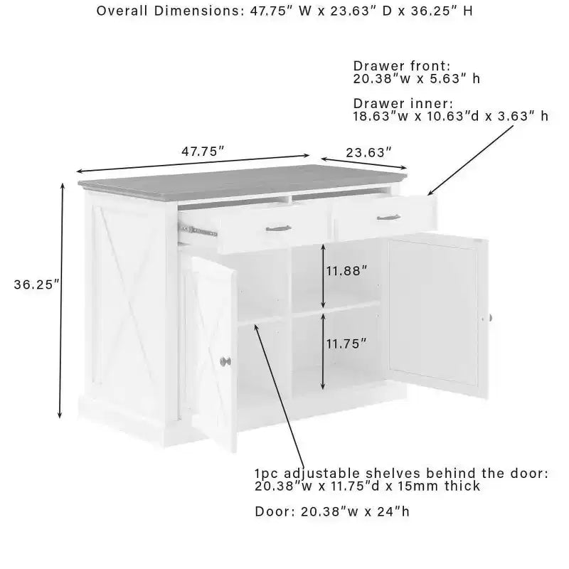 Îlot de cuisine Clifton Blanc vieilli/Marron - Crosley : Étagères réglables, Chariot de rangement, Design de ferme