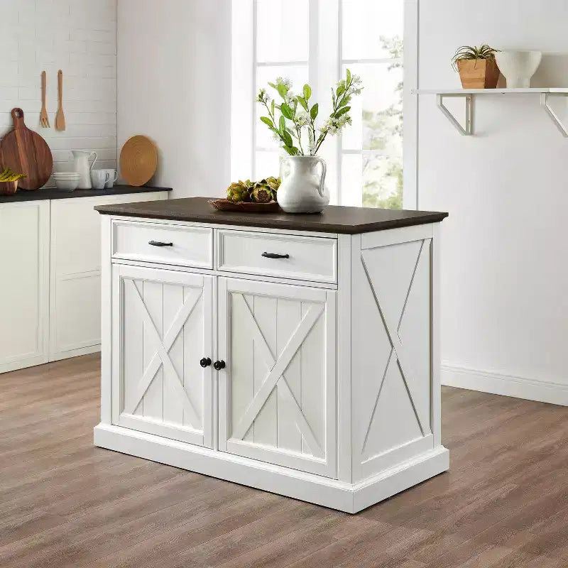 Îlot de cuisine Clifton Blanc vieilli/Marron - Crosley : Étagères réglables, Chariot de rangement, Design de ferme