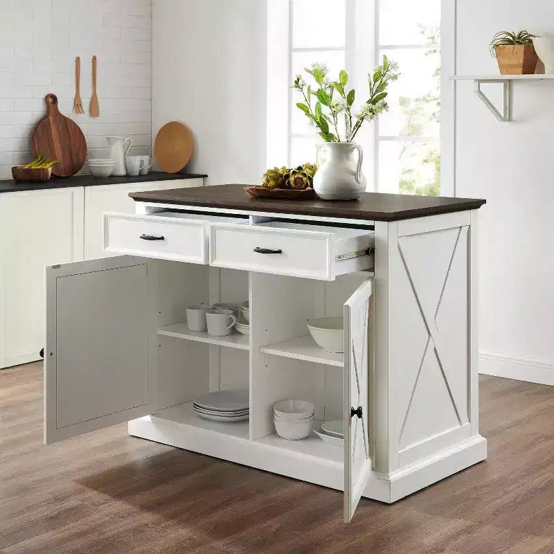 Îlot de cuisine Clifton Blanc vieilli/Marron - Crosley : Étagères réglables, Chariot de rangement, Design de ferme
