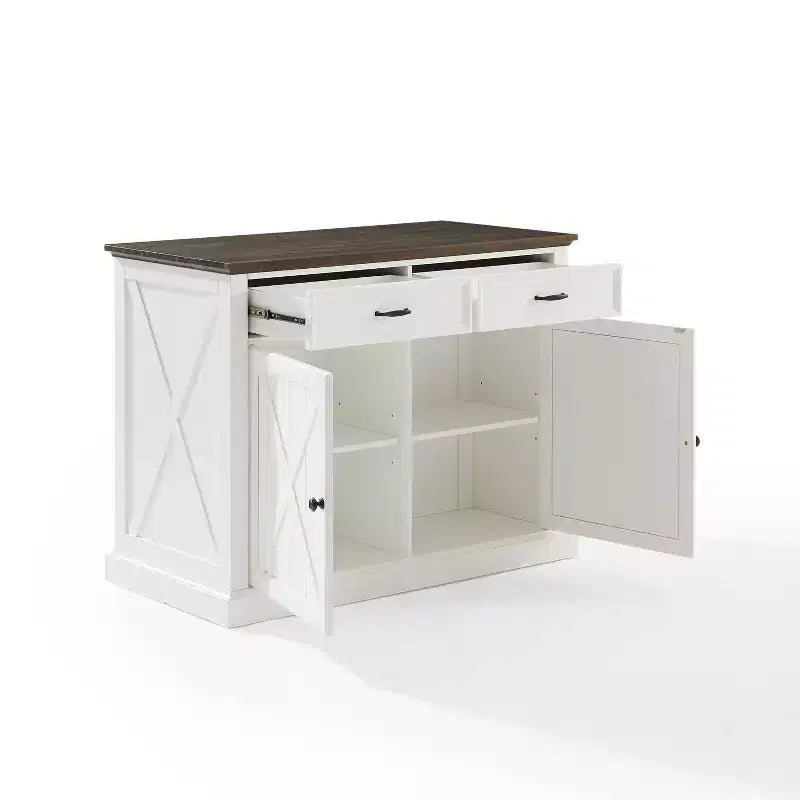 Îlot de cuisine Clifton Blanc vieilli/Marron - Crosley : Étagères réglables, Chariot de rangement, Design de ferme