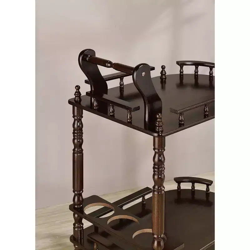 Chariot de service à vin à 2 niveaux 29" cerisier - Ore International : Étagères en bois roulantes, casier à 3 bouteilles, roulettes
