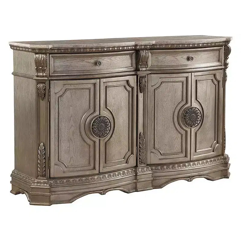 Northville 68" Marble Top Server with Storage, Antique Silver - Acme Furniture: No Assembly, Scrolled Motifs
